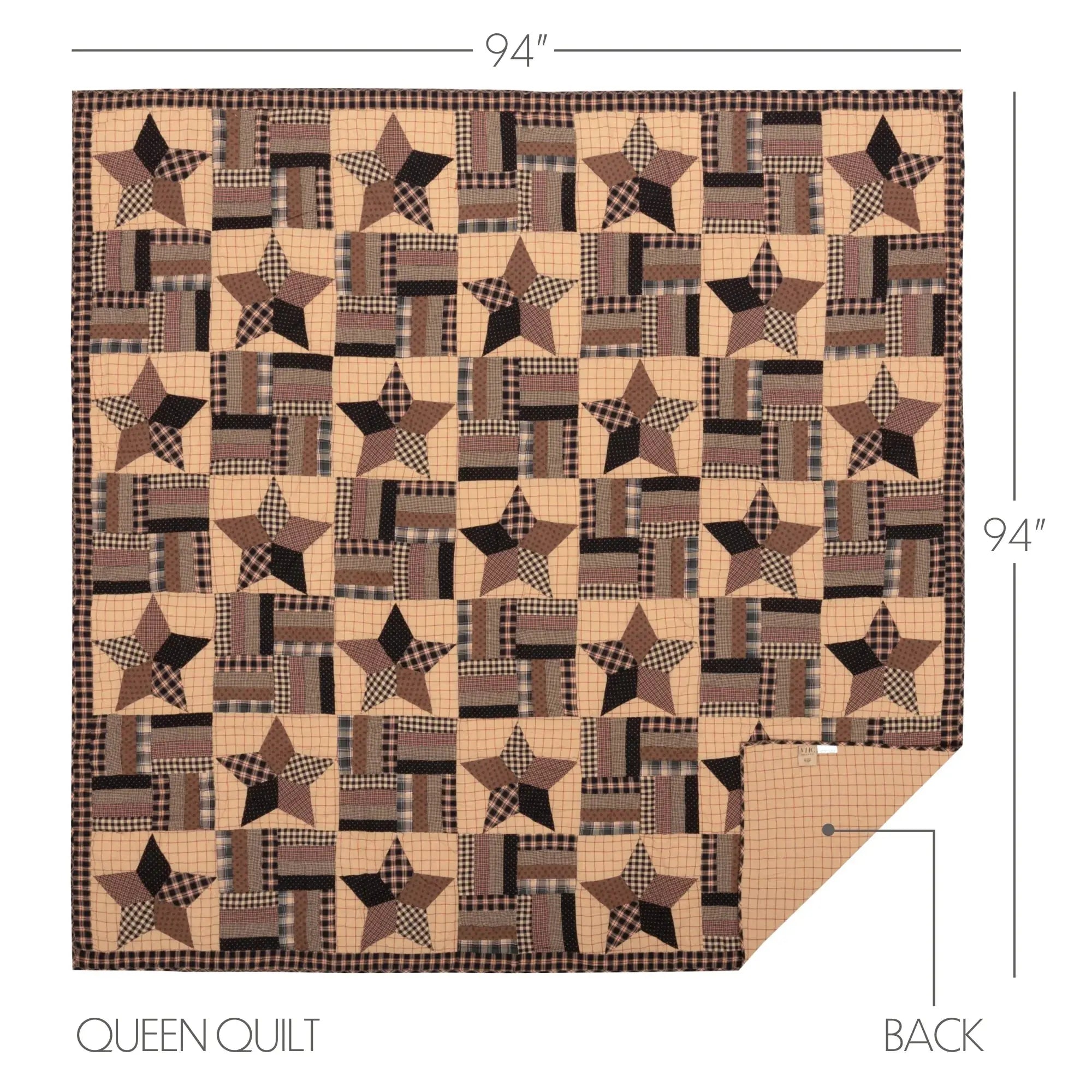 Queen quilt with rustic star pattern in brown, black, and plaid, farmhouse style home decor, 94" square