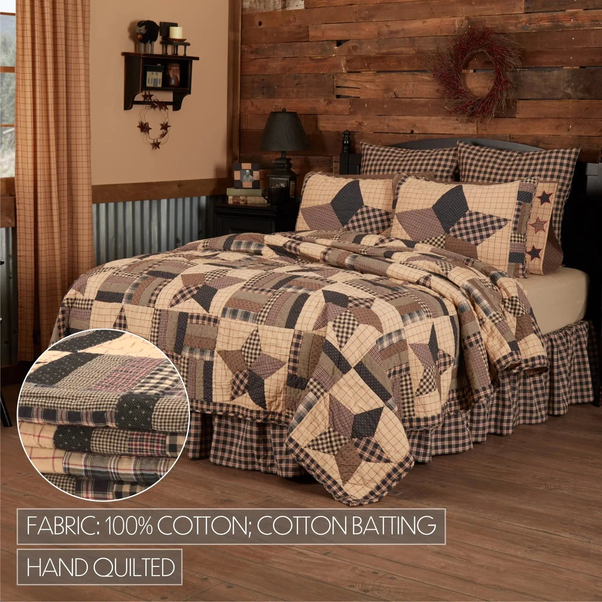 Hand-quilted farmhouse patchwork quilt set with stars, 100% cotton, cozy cottage bedroom decor