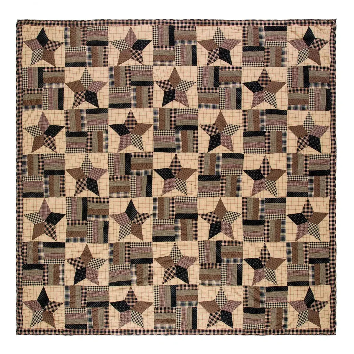 Farmhouse star quilt with patchwork plaid and checkered patterns in cozy neutral tones