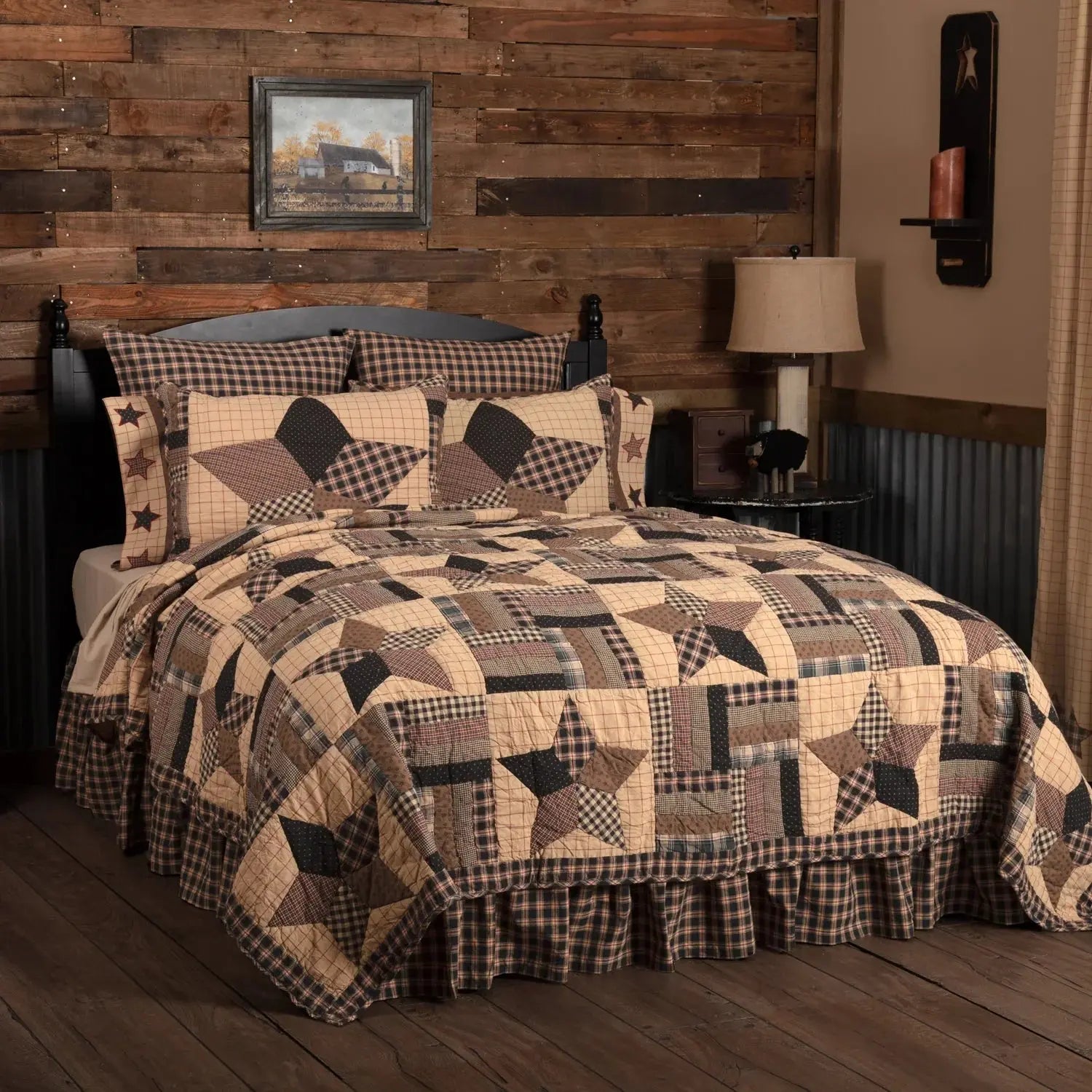 Farmhouse quilt set with star patterns, plaid accents, and ruffled skirt for cozy cottage bedroom decor