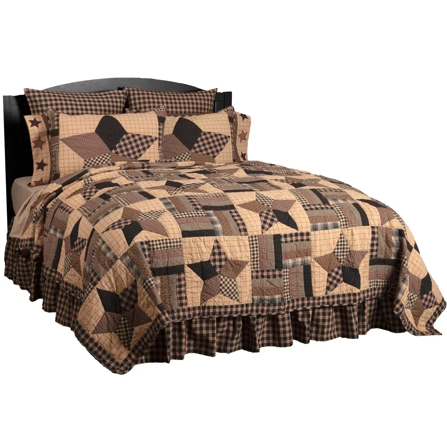 Farmhouse patchwork quilt set with star patterns, plaid accents, and ruffled bed skirt for cozy cottage bedroom decor