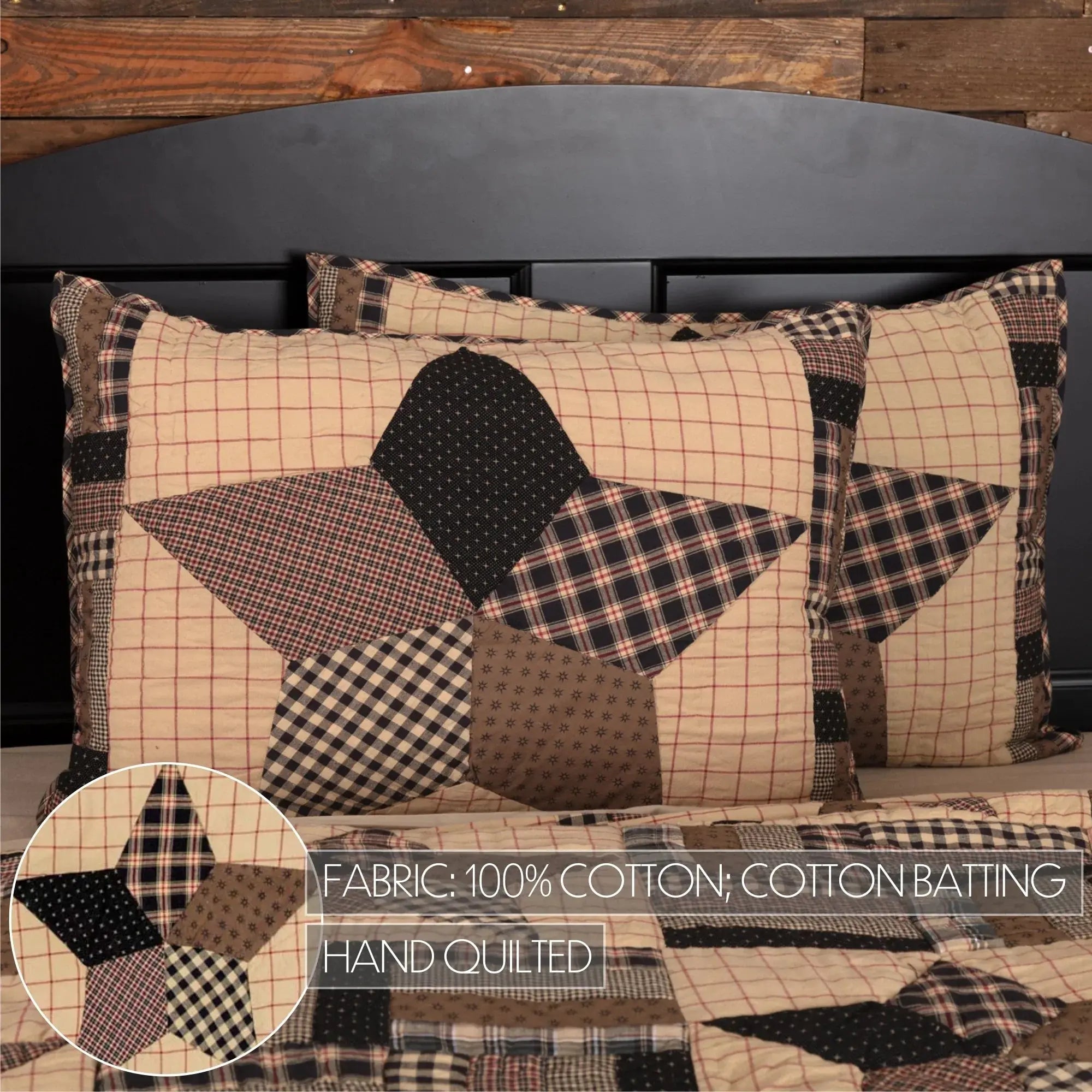 Hand-quilted farmhouse pillow shams with star pattern, 100% cotton, plaid and checkered fabric