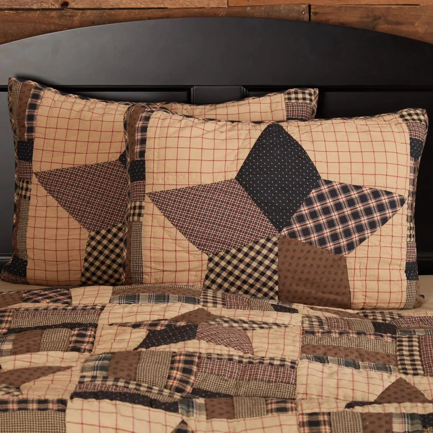 Farmhouse patchwork quilt set with star pattern, plaid & checkered fabrics, cozy cottage bedroom decor