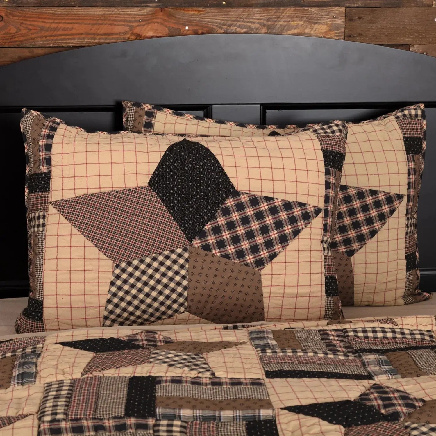Farmhouse patchwork quilt and pillow set with plaid, gingham, and star patterns for cozy cottage bedroom decor