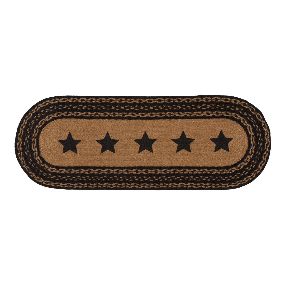 Rectangular braided rug with star pattern on a white background