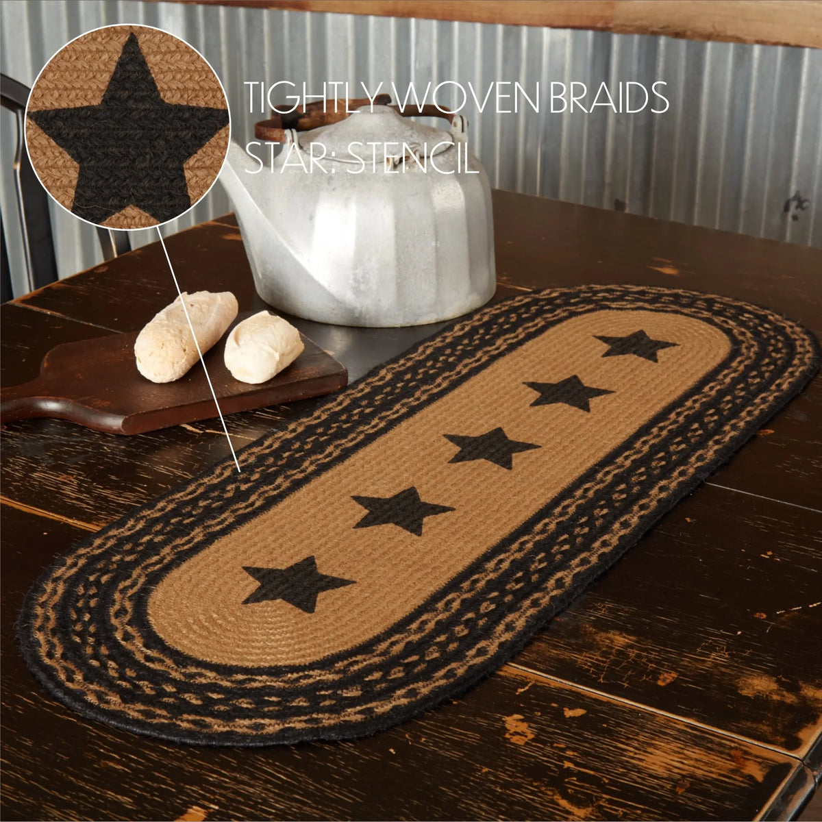 Star-patterned braided mat on a wooden table with a teapot and bread.