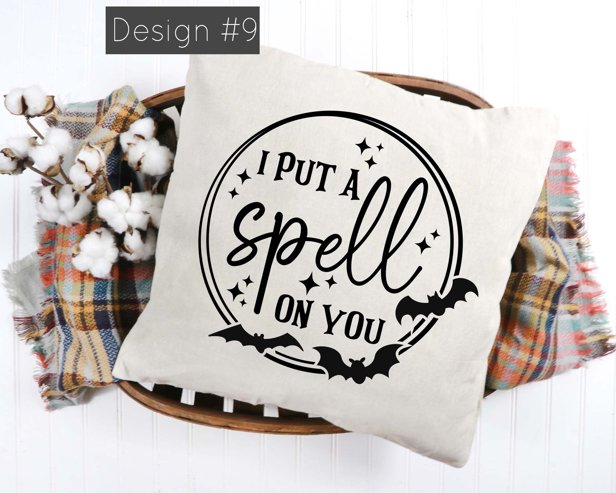 Decorative pillow with 'I put a spell on you' text on a white background