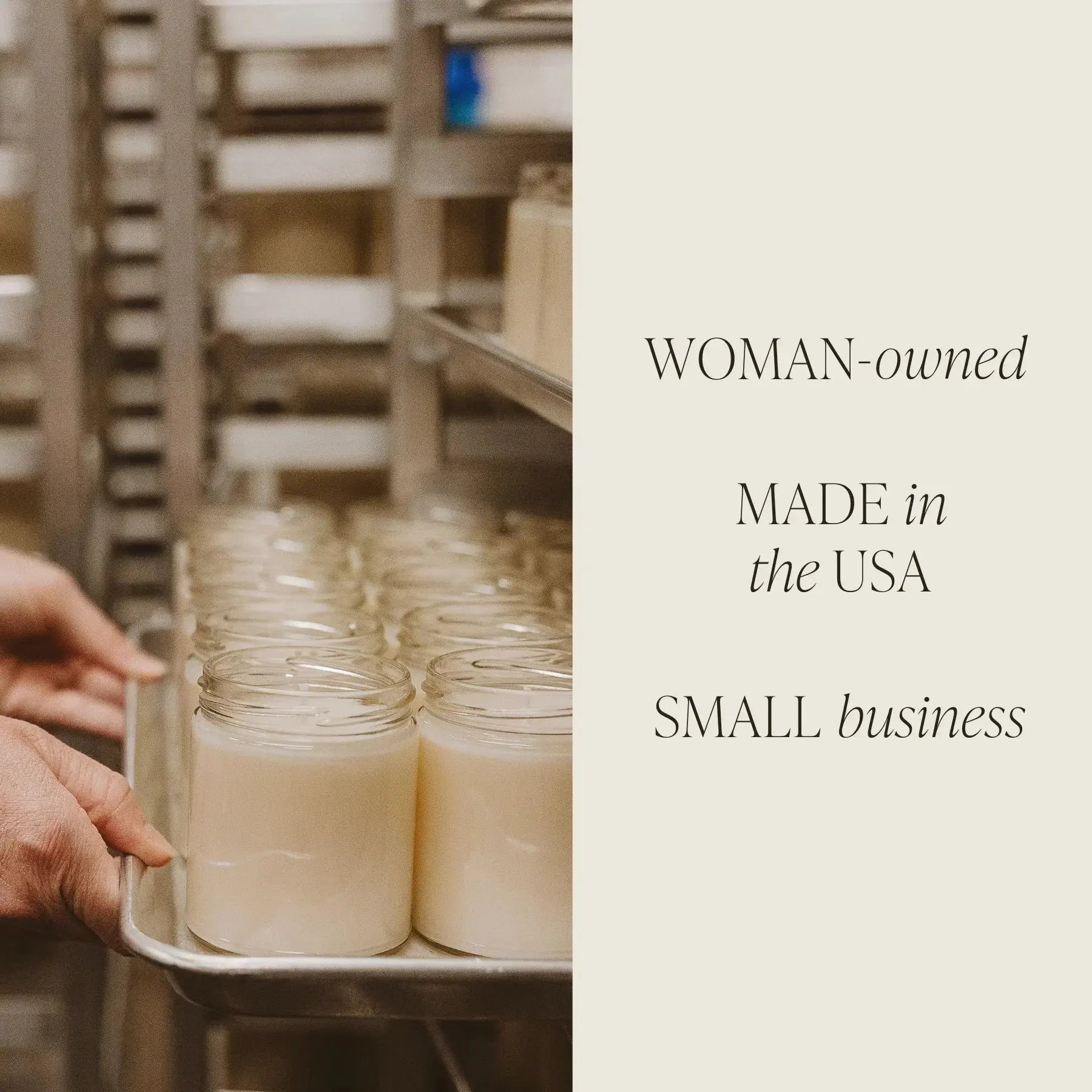 Hand holding tray of handmade candles, woman-owned small business made in USA, cozy home decor