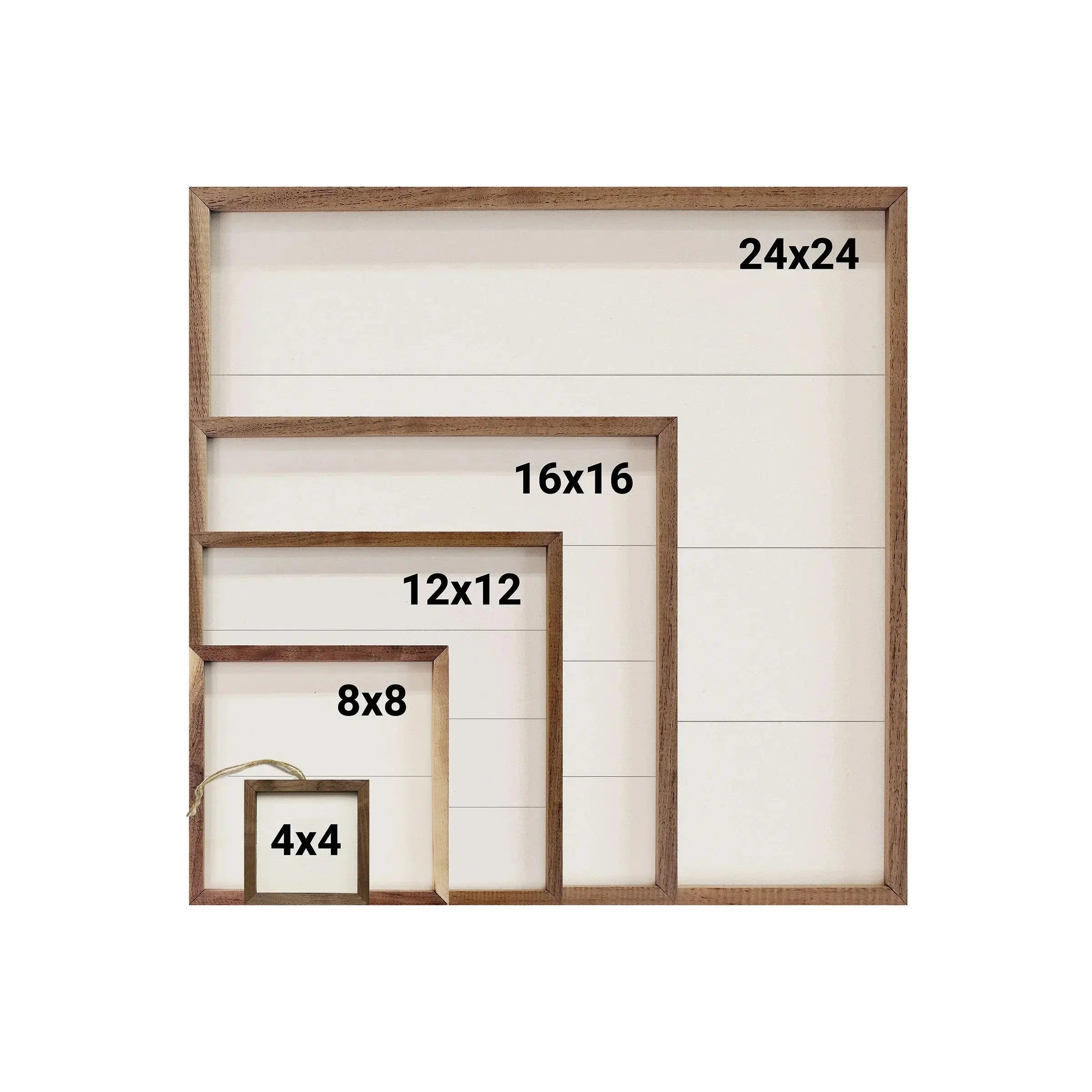Rustic wooden picture frames in 4x4, 8x8, 12x12, 16x16, and 24x24 sizes for farmhouse decor