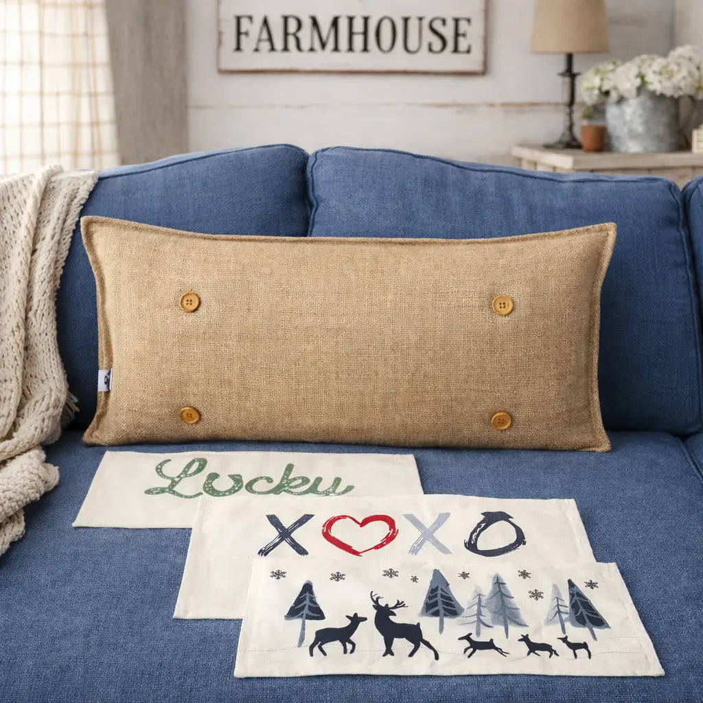 A natural linen lumbar pillow with four wooden buttons is styled on a blue couch next to embroidered throw pillows. The pillows feature rustic designs including 'Locku' in green, 'XOXO' with a red heart, and a winter forest scene with deer and trees.