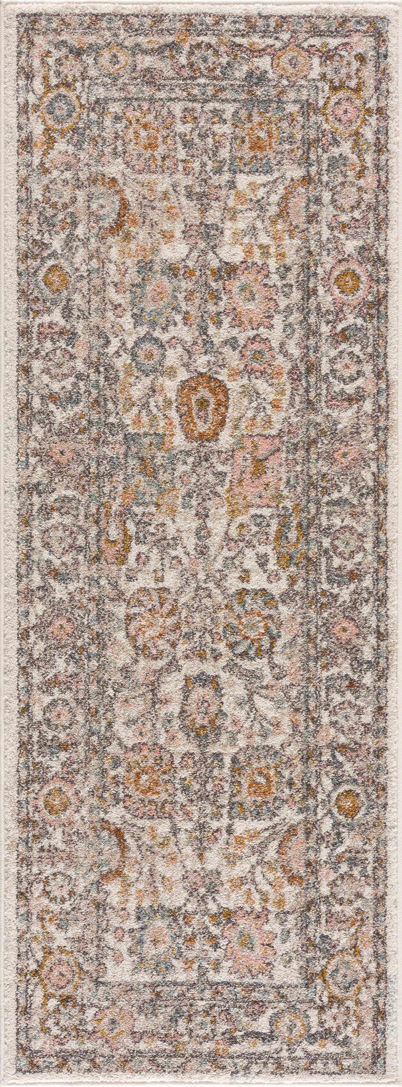 Vintage-style area rug with floral medallion pattern in muted pastel tones, perfect for farmhouse or cottage decor.