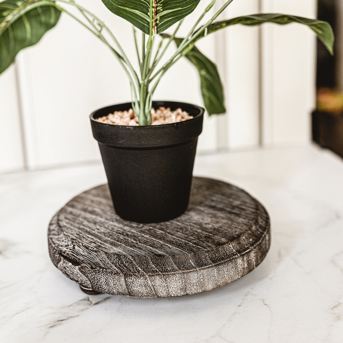 Black pot with a plant on a decorative stone coaster on a marble surface.