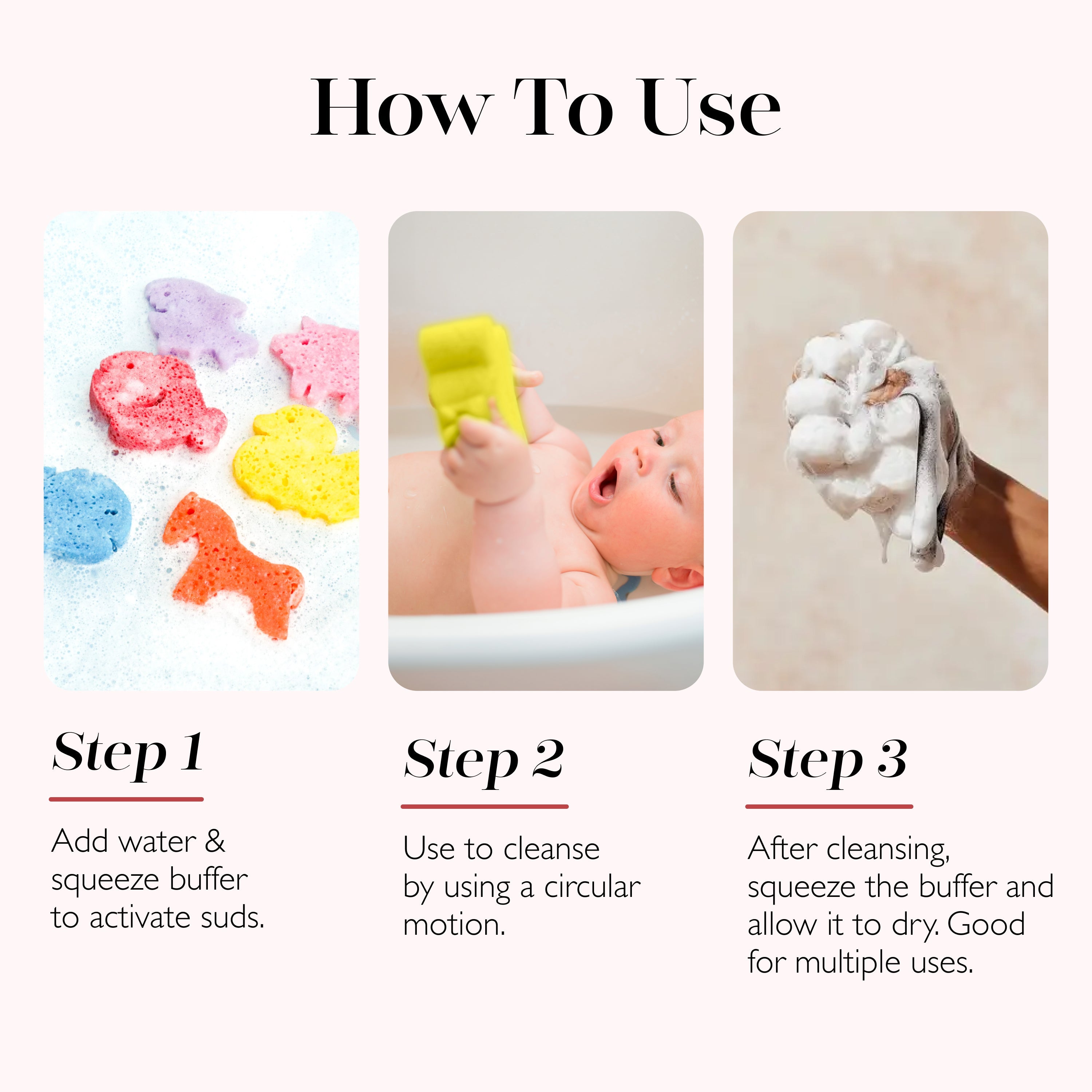 Instructions on how to use a baby bath product with images and text.