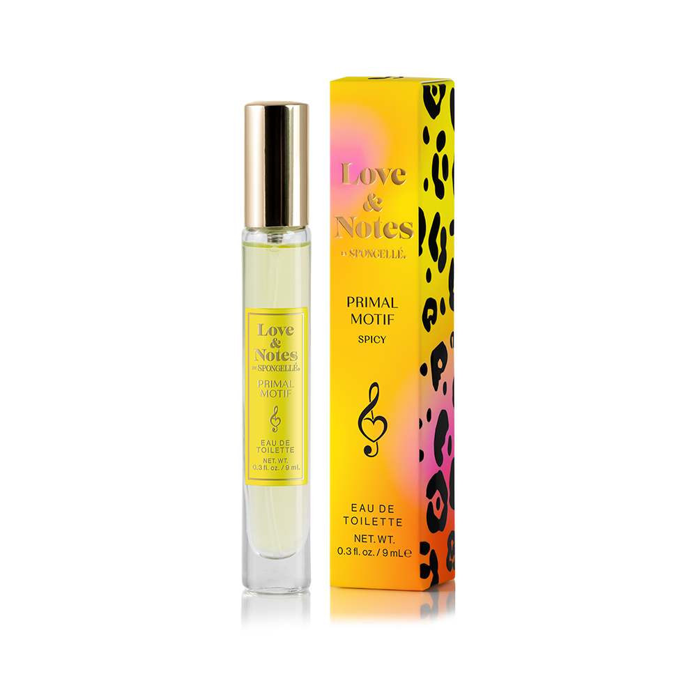 Perfume bottle and packaging of Love & Notes with a colorful design on a white background