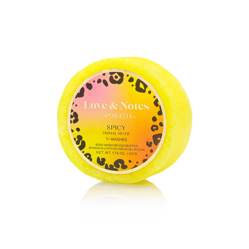 Yellow container of Love & Notes soap with leopard print design on a white background
