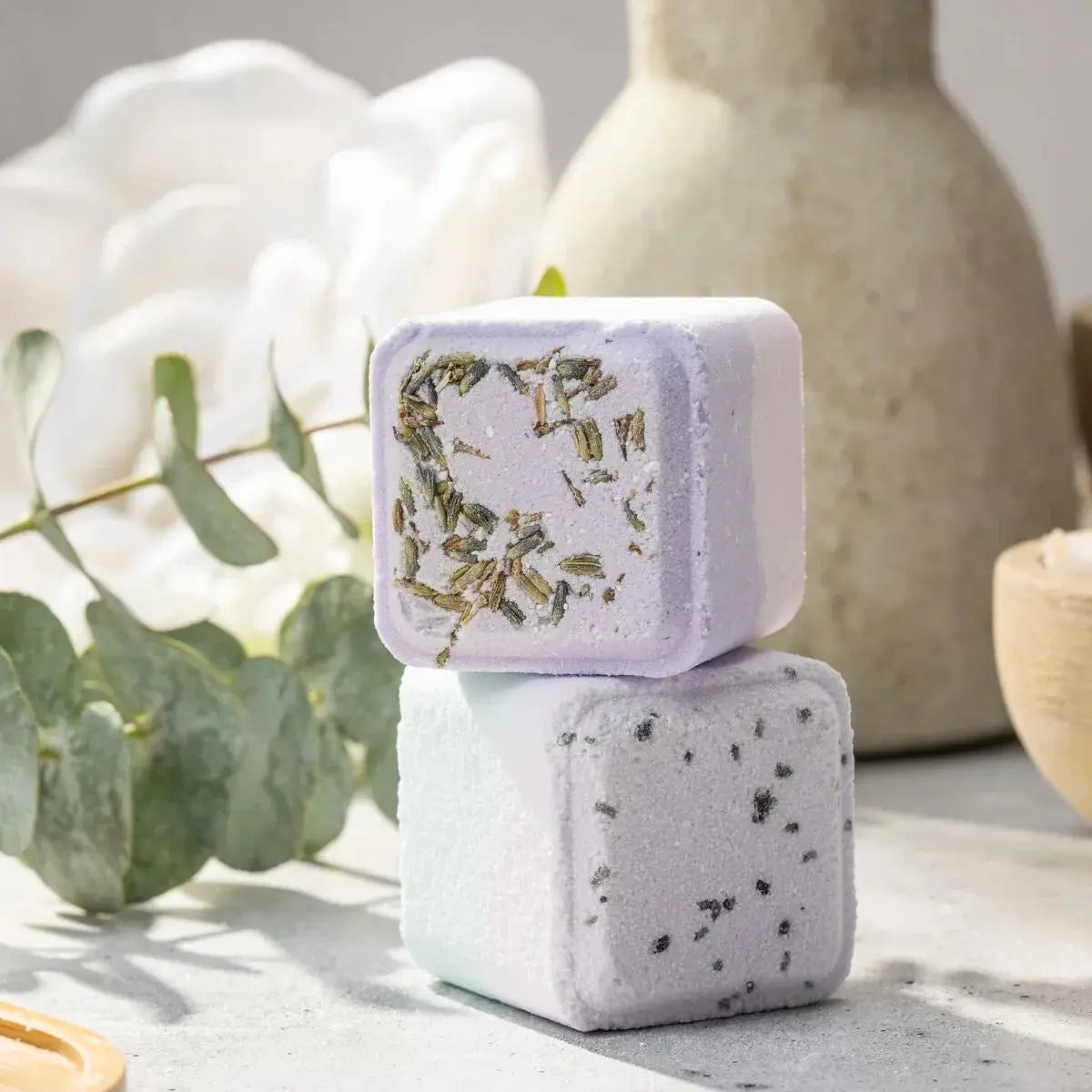 Lavender bath bombs with dried herbs, cozy farmhouse bath essentials for relaxation