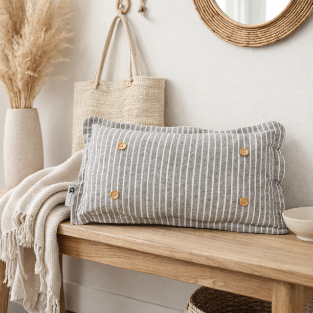 Gray striped pillow with wooden buttons on a wooden bench, with a woven bag and decorative elements in the background.