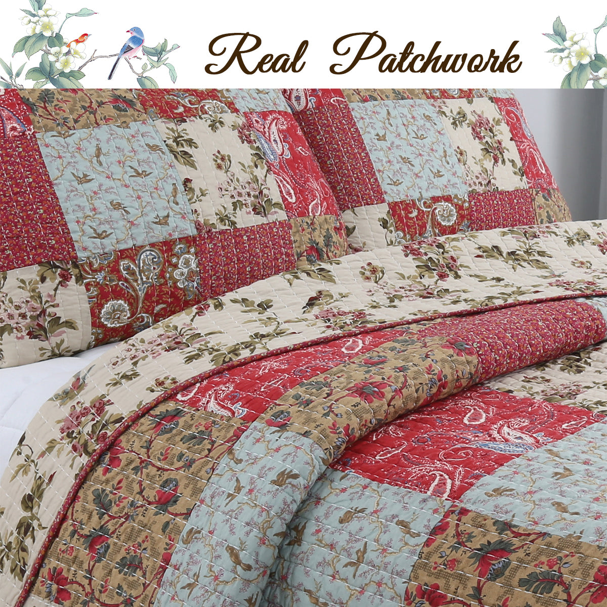 Patchwork quilt with floral and bird patterns on a bed, labeled 'Real Patchwork'.
