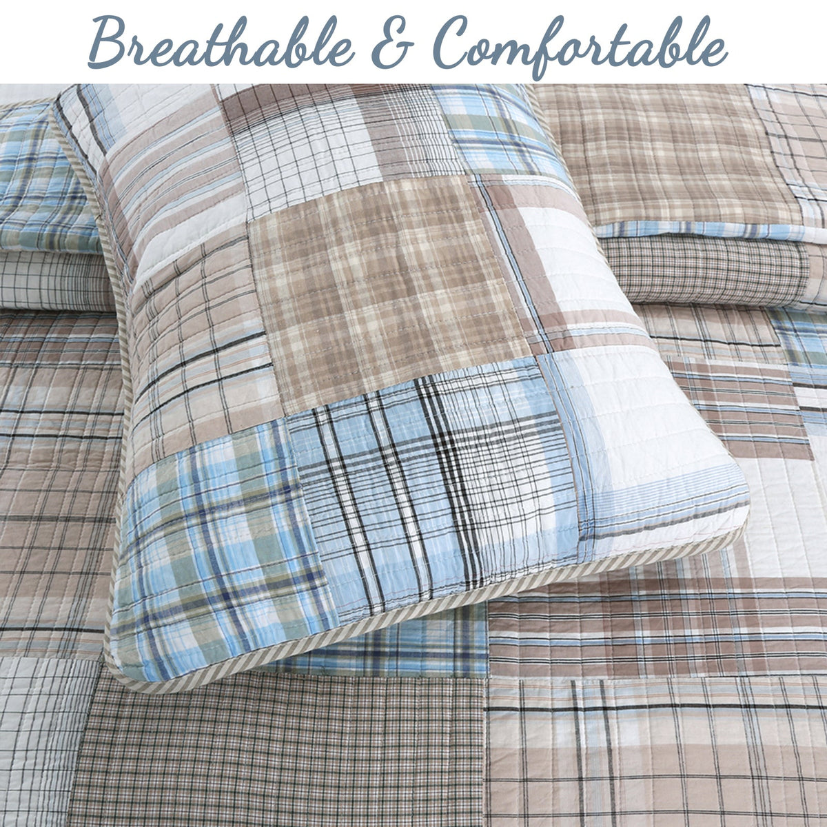 A patchwork quilted pillow and matching bedding set in a plaid pattern of beige, brown, light blue, and white, with a text overlay at the top reading 'Breathable & Comfortable'.