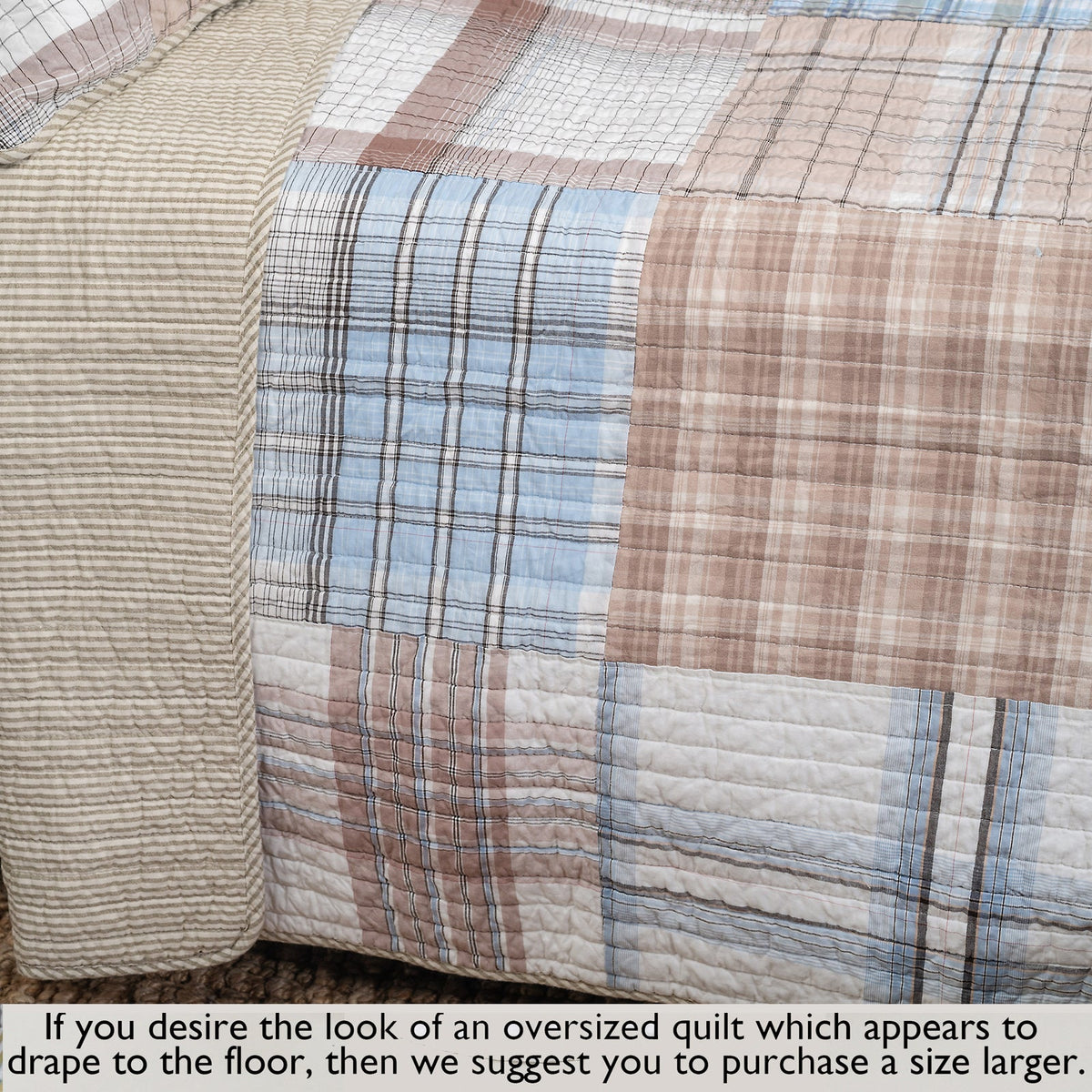 A close-up of a patchwork quilt with plaid and striped patterns in beige, brown, light blue, and white, with a text overlay at the bottom explaining how to purchase an oversized quilt.