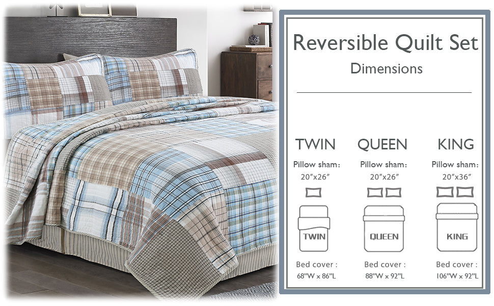 Reversible quilt set with plaid pattern on a bed, accompanied by dimensions for twin, queen, and king sizes.