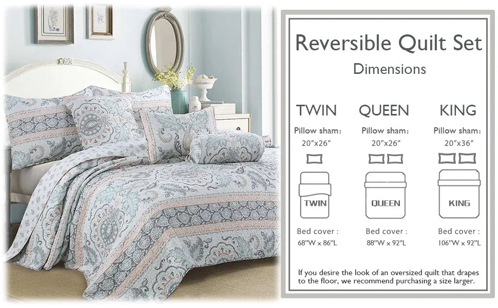 Quilt Sizes. Peach paisley floral reversible quilt bedding set with aqua blue and grey accents on a farmhouse style bed.
