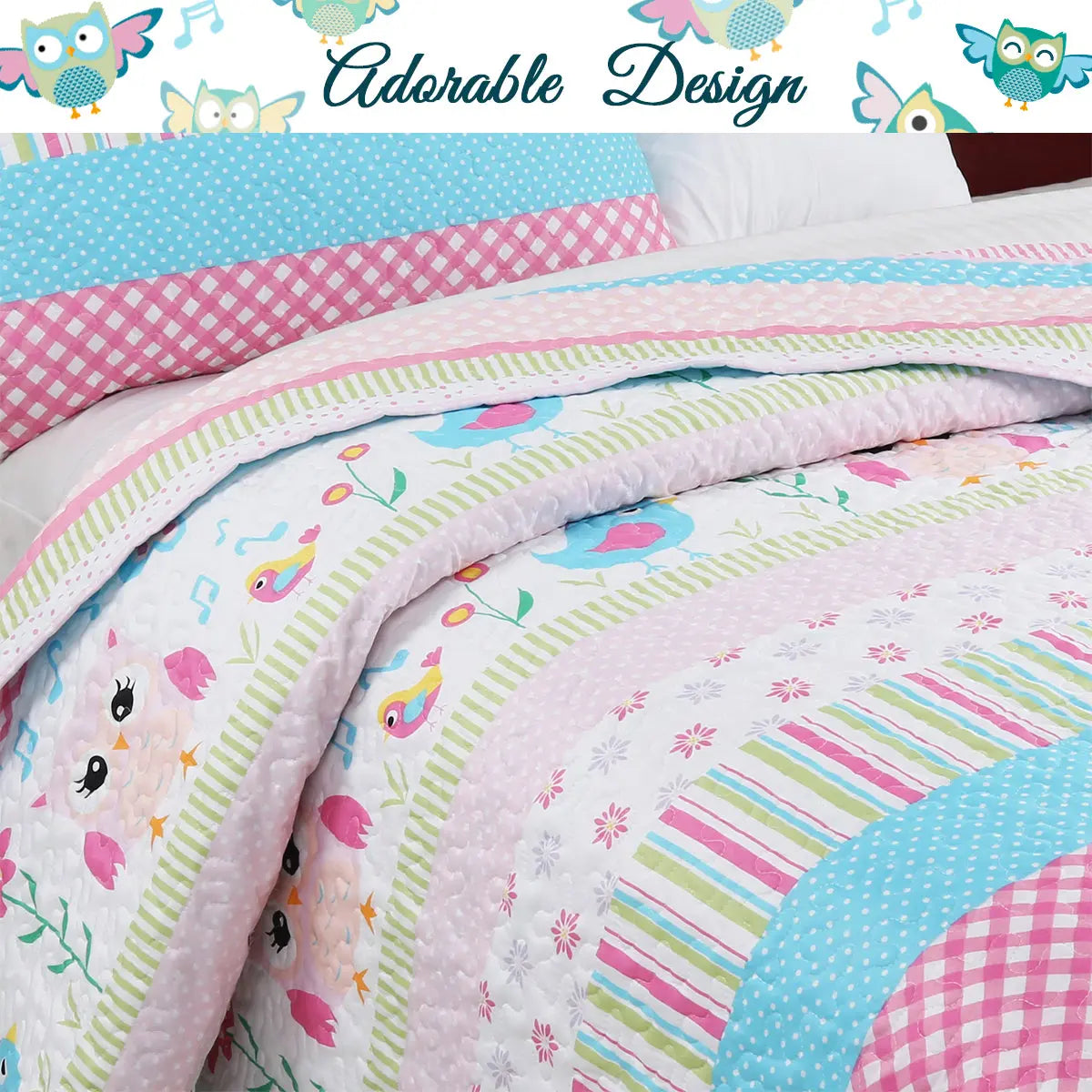 Home Sweet pink owl print reversible quilt bedding set with colorful striped design and coordinating decorative pillows for a girl's bedroom.