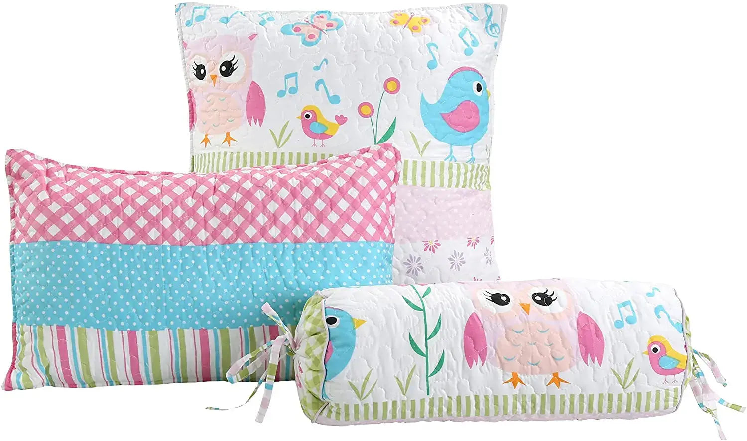 Home Sweet pink owl print reversible quilt bedding set with colorful striped design and coordinating decorative pillows for a girl's bedroom.
