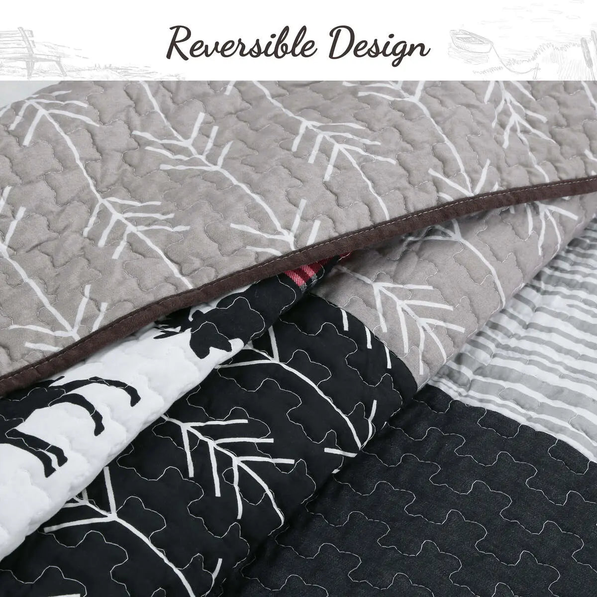 A quilted reversible blanket or comforter shown folded to display both sides. The top side is light gray with a white leaf branch pattern and a dark brown stitched edge.