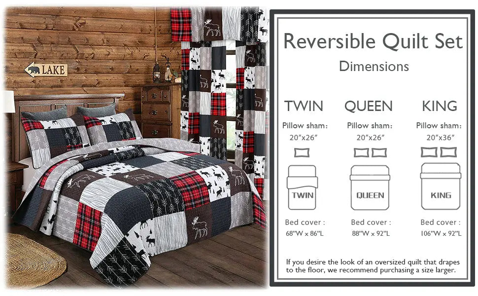A rustic patchwork reversible quilt set displayed on a bed in a cabin-style bedroom, alongside a size chart graphic showing dimensions for Twin, Queen, and King bed sizes.