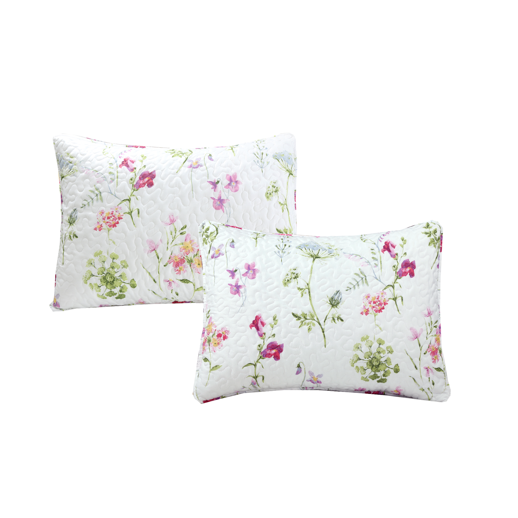 Two floral-patterned pillows on a white background