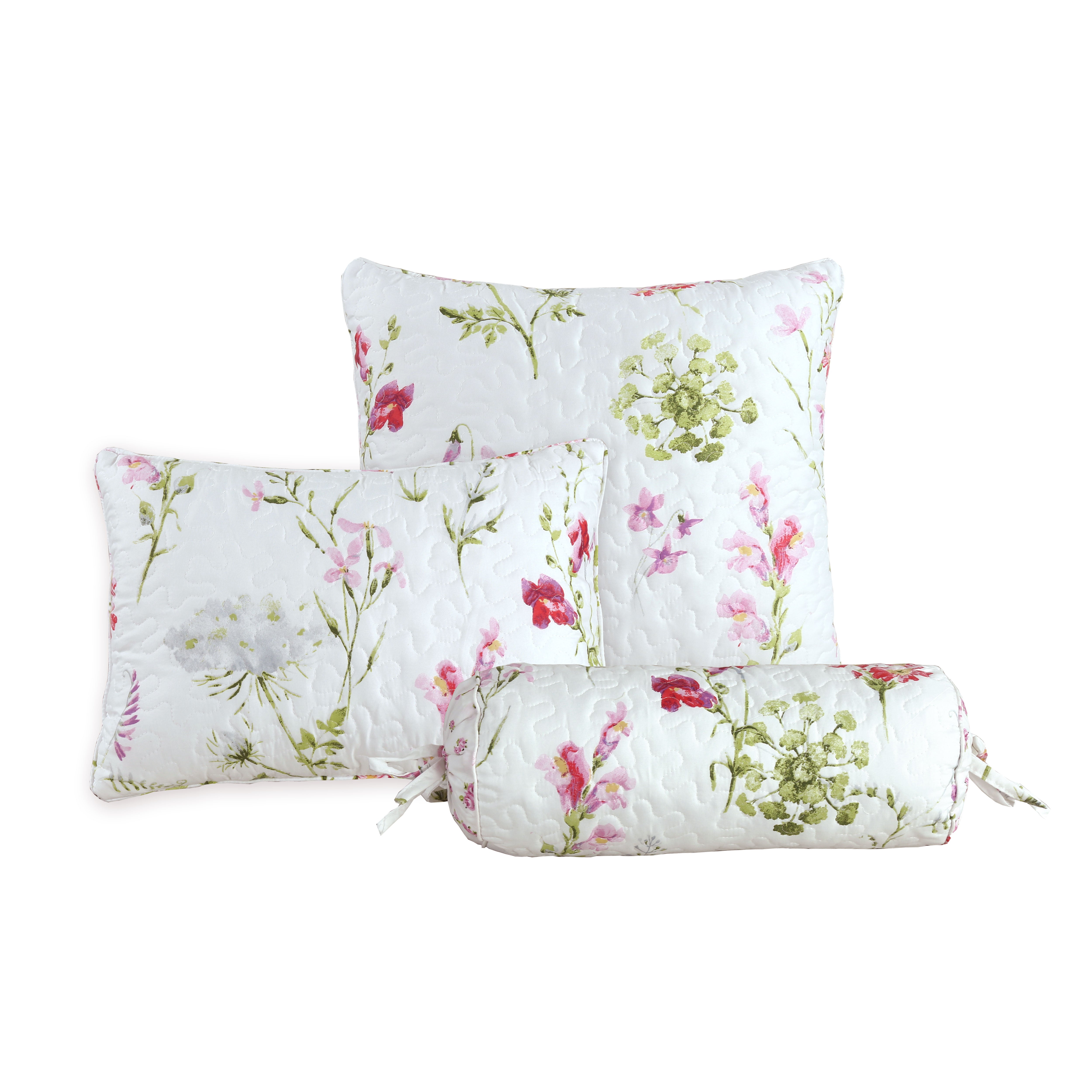 Three quilted floral pillows on a white background: one large square pillow, one medium square pillow, and one cylindrical lumbar pillow, all in white with pink and green floral patterns.
