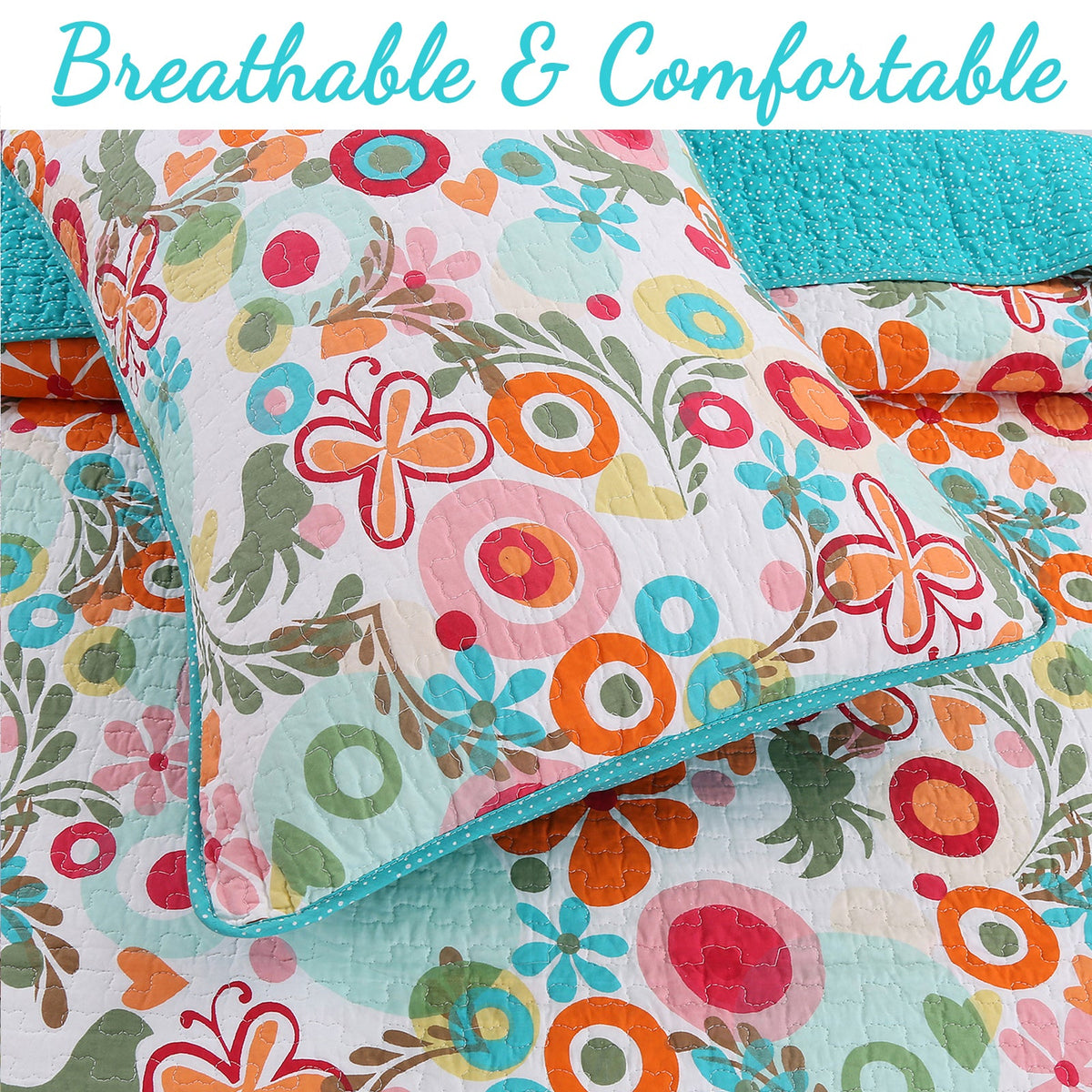 Floral patterned quilt with colorful flowers and text 'Breathable & Comfortable'.
