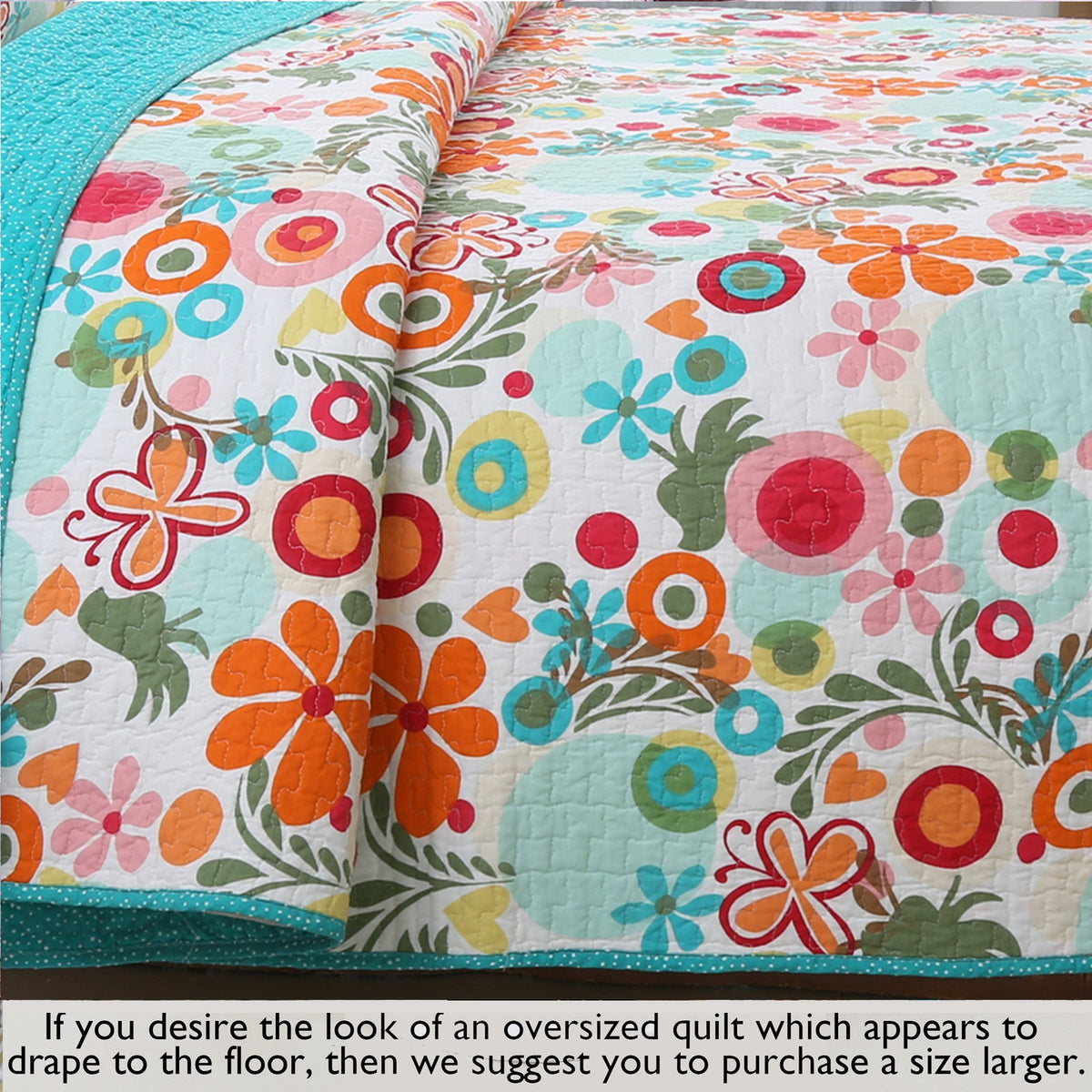 Colorful floral quilt with a pattern of flowers and circles on a white background.