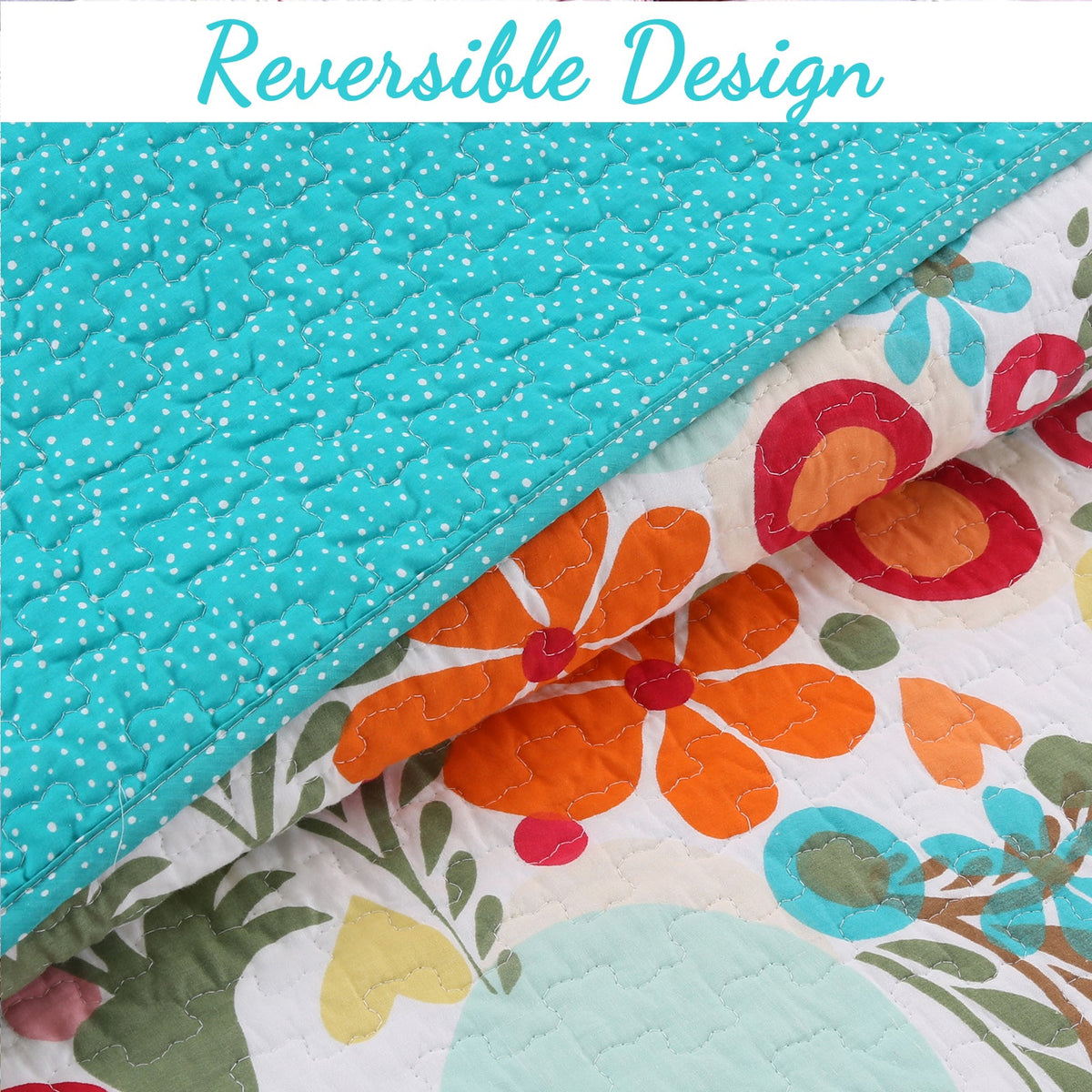 Reversible quilt with turquoise polka dot side and colorful floral side, labeled 'Reversible Design'.
