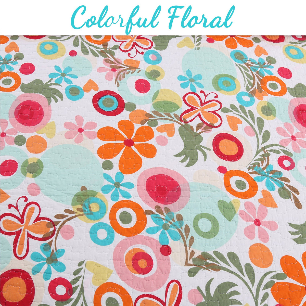 Colorful floral pattern with various shapes on a white background