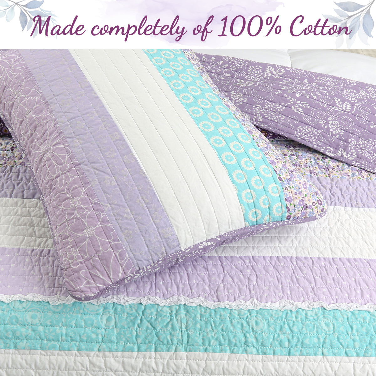 A quilted bedding set in pastel colors, featuring a lavender and white striped quilt with a turquoise patterned border, matching pillowcases, and a floral-patterned sheet. A banner at the top reads 'Made completely of 100% Cotton'.