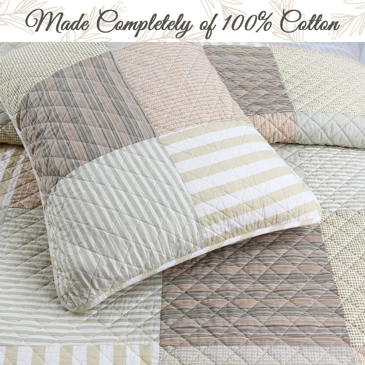 Patchwork quilt with striped pillow on a bed, labeled '100% Cotton'.