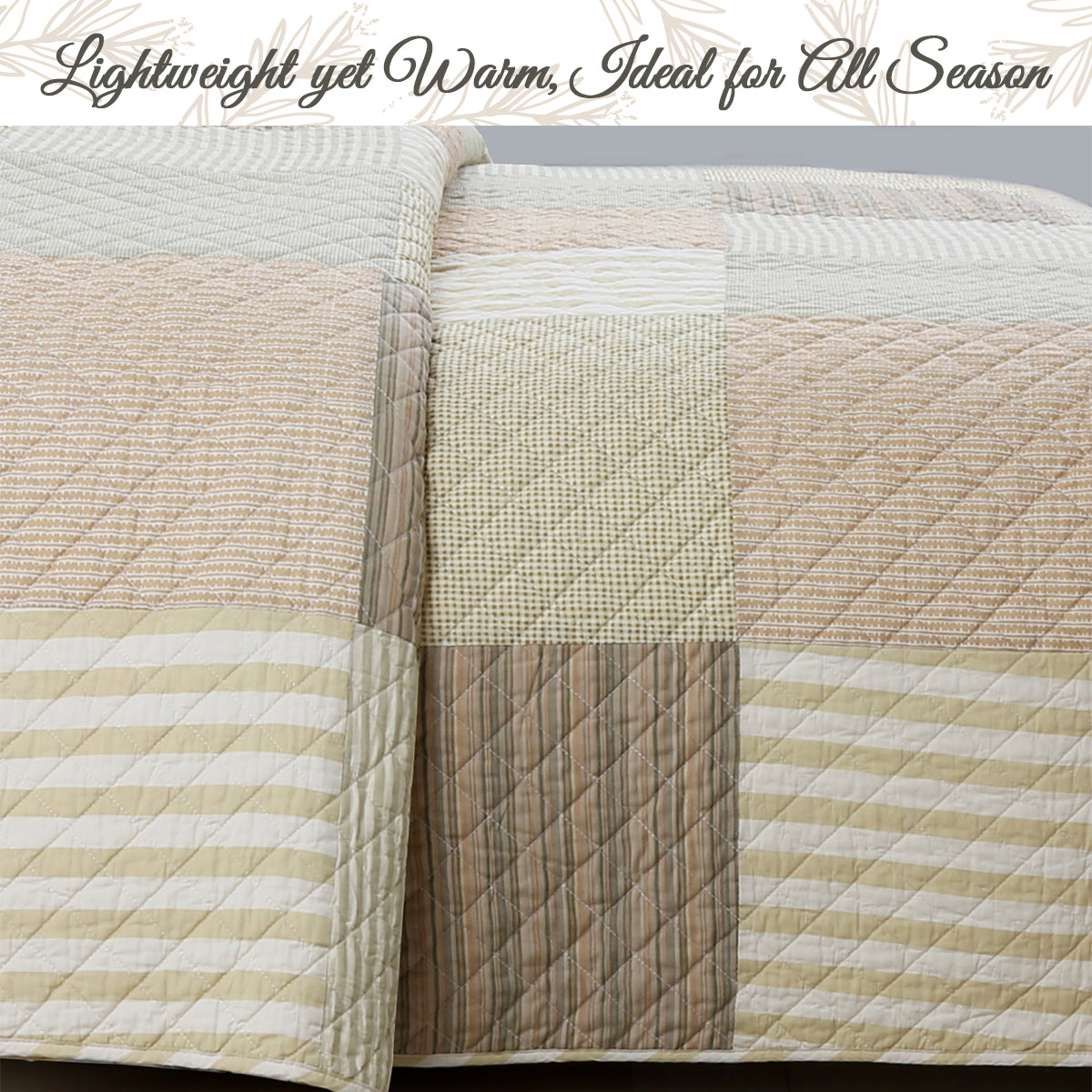 Quilted bedspread with beige and brown pattern, text 'Lightweight yet Warm, Ideal for All Seasons' above.