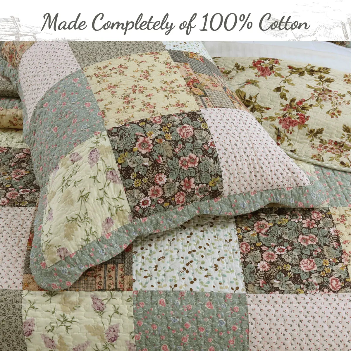 Floral patchwork quilt made of 100% cotton with text overlay.
