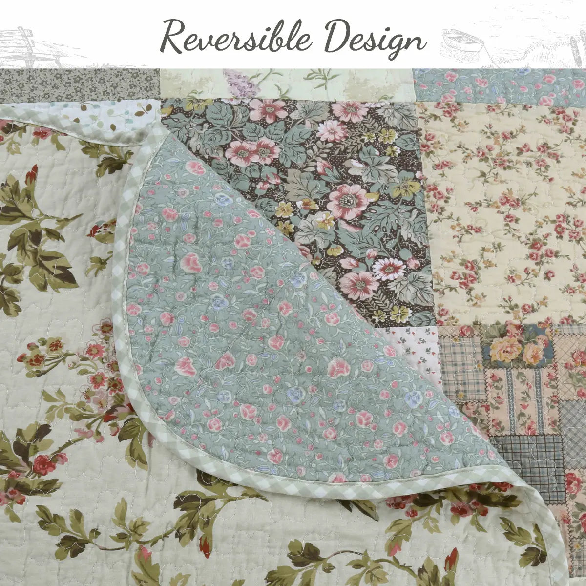 A quilted reversible blanket or throw shown in a close-up flat lay, with one half folded back to reveal the reverse side. The front features a floral patchwork design in muted tones, and the reverse side has a light blue floral print with a scalloped edge.