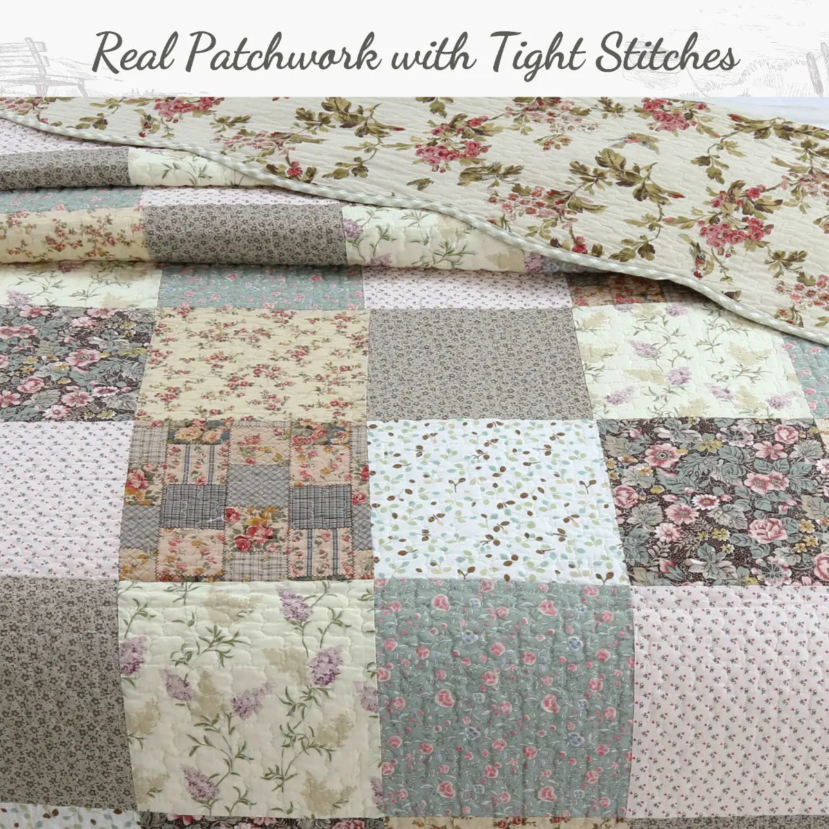 Patchwork quilt with floral patterns and 'Real Patchwork with Tight Stitches' text.
