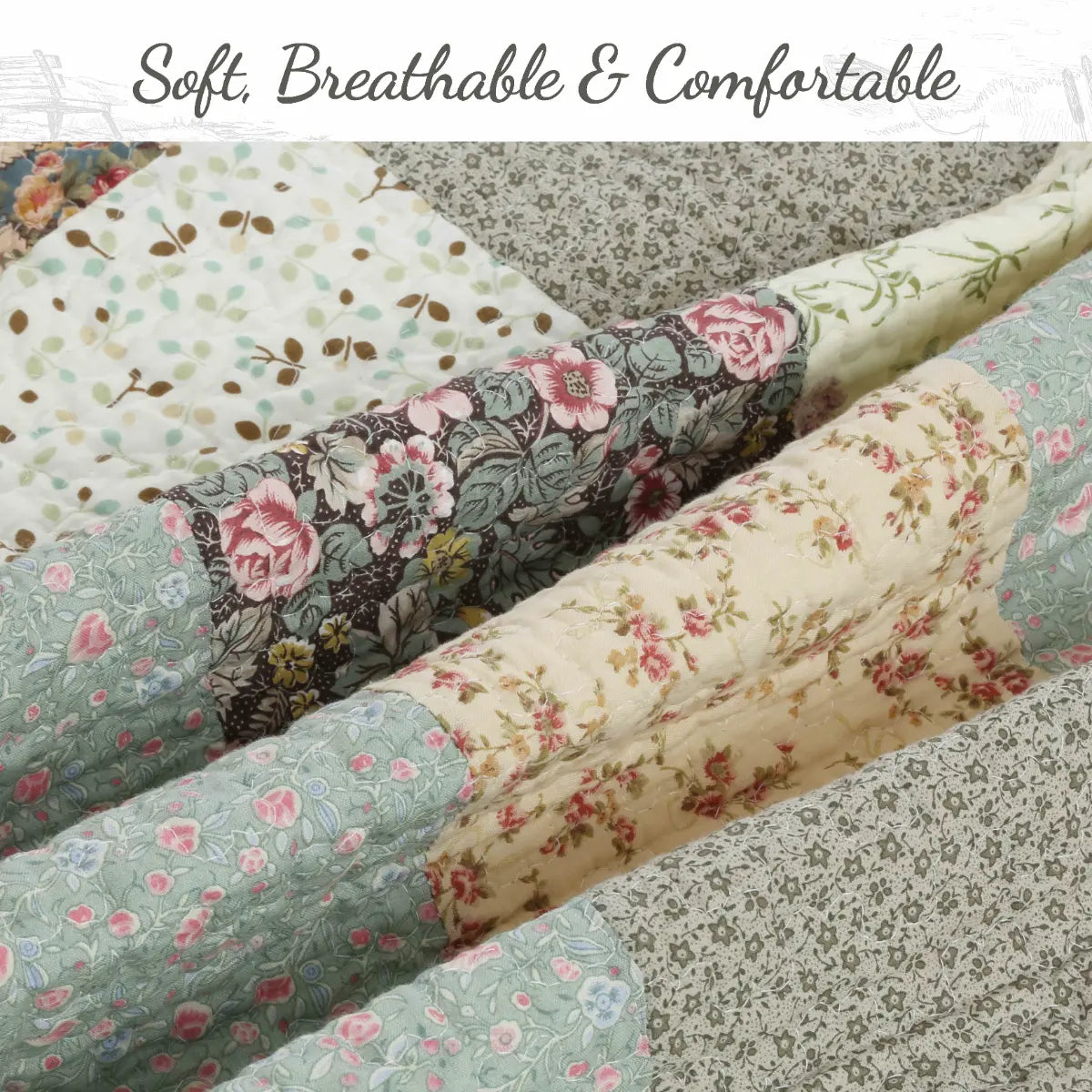 A close-up of a quilted fabric with multiple floral and botanical patterned panels in muted pastel tones, including sage green, cream, pink, and gray. Text at the top reads 'Soft, Breathable & Comfortable'.