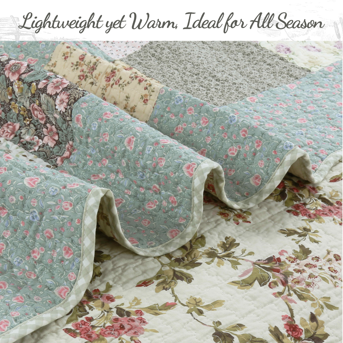 A quilted patchwork blanket with a ruffled edge, featuring a dusty blue floral pattern on one side and a cream floral pattern on the other, styled on a matching floral quilt. Text at the top reads 'Lightweight yet Warm, Ideal for All Season'.