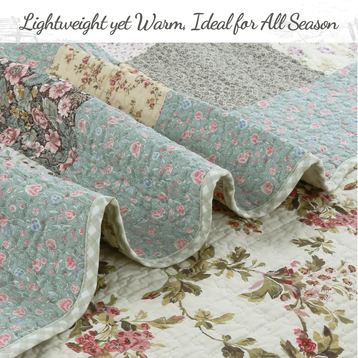 A quilted patchwork blanket with a ruffled edge, featuring a dusty blue floral pattern on one side and a cream floral pattern on the other, styled on a matching floral quilt. Text at the top reads 'Lightweight yet Warm, Ideal for All Season'.
