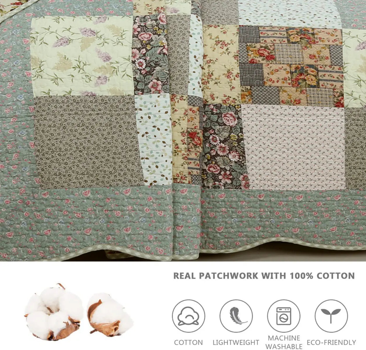 Patchwork quilt with floral and geometric patterns, featuring 100% cotton, on a neutral background.