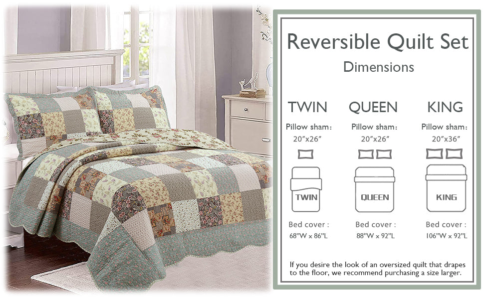 A reversible quilt set shown on a bed in a bedroom, alongside a dimension chart listing measurements for twin, queen, and king sizes.