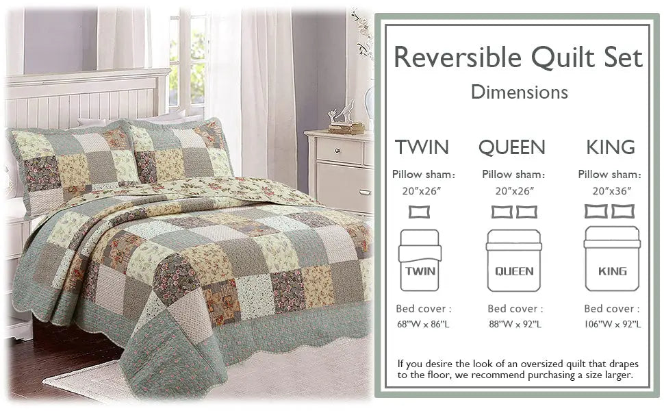 A reversible quilt set shown on a bed in a bedroom, alongside a dimension chart listing measurements for twin, queen, and king sizes.