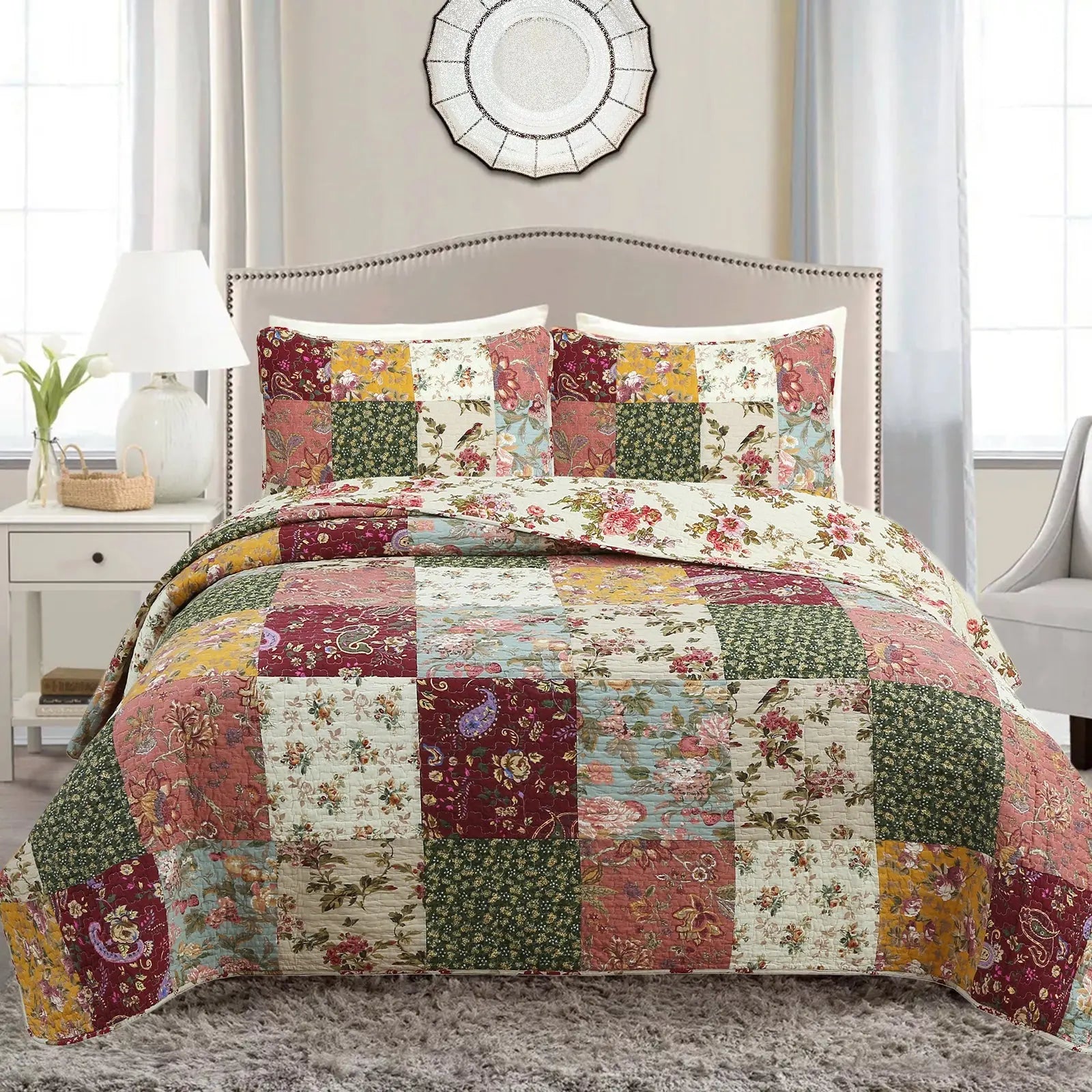 Country vintage farmhouse floral paisley patchwork reversible 100% cotton quilt bedding set with matching shams.