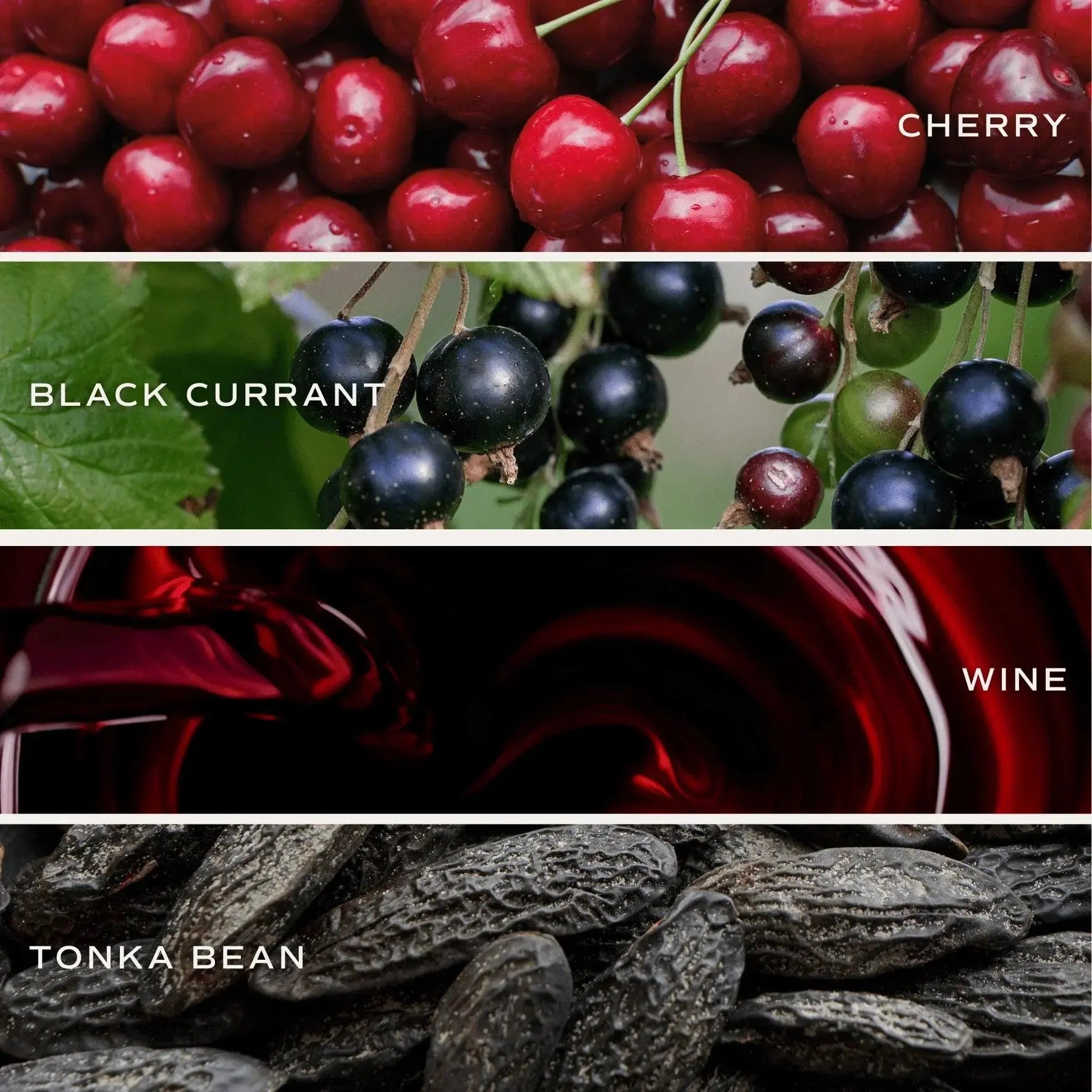 Cherry, black currant, wine, and tonka bean scents for cozy home candles and bath essentials